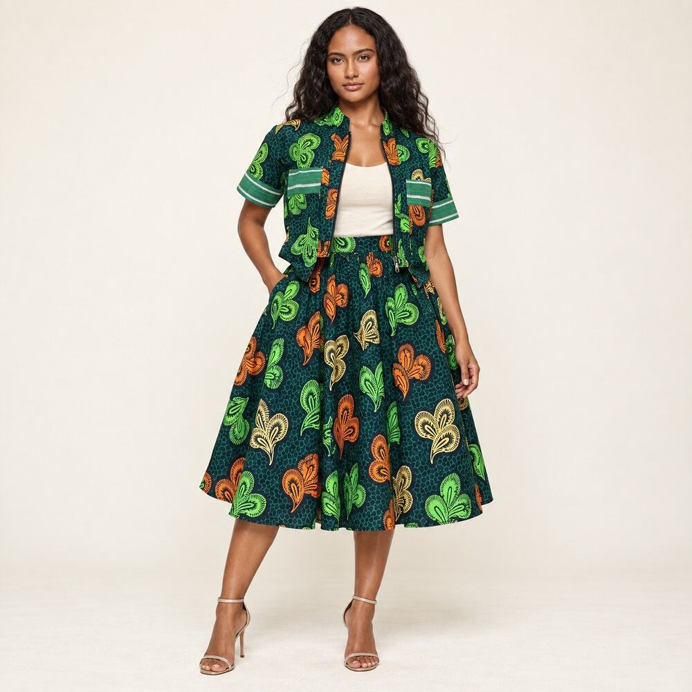 Handmade African Ankara 2 Piece Jacket Skirt Set Boho 100% Cotton Green Medium